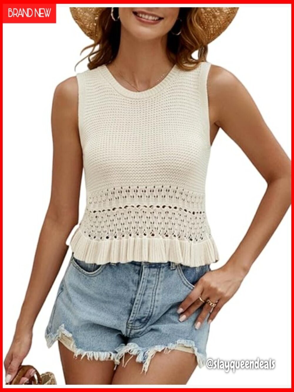 Slim Fit Viscose Sweater Vest Crochet Ruffle Hem Sleeveless Crop Top